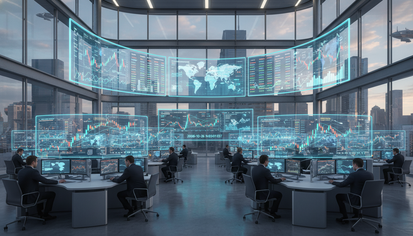A wide-angle, photorealistic shot of a modern financial trading floor in 2026, featuring large holographic displays of stock market candles and data analytics, with professional traders in business attire analyzing the trends in a sleek, glass-walled environment.