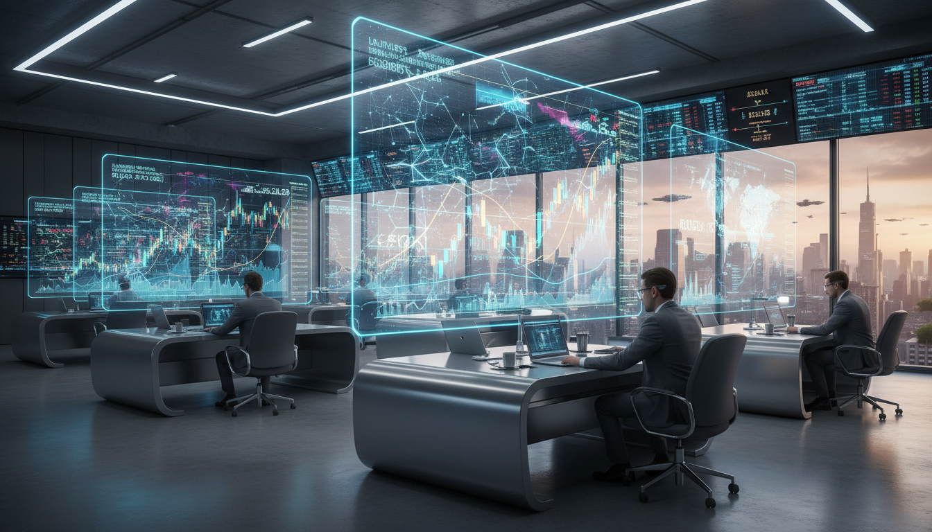 A sophisticated and futuristic financial trading center with large holographic displays showing intricate data visualizations, glowing stock indices, and AI-driven neural network diagrams, professional high-end office environment, photorealistic, 8k resolution.