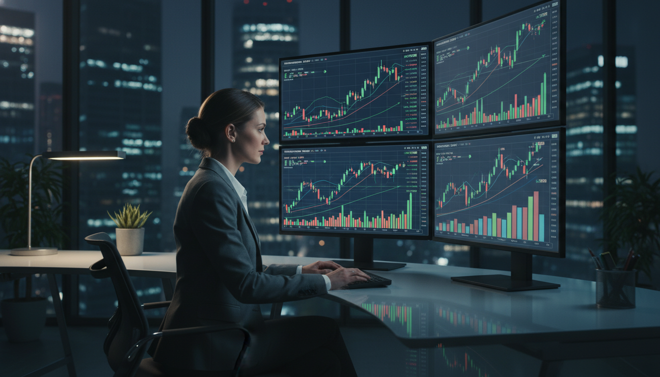 A professional financial analyst in a modern office looking at multiple monitors displaying complex stock market charts with rising green indicators, high-detail, photorealistic, cinematic lighting.