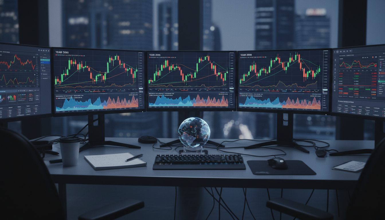 A detailed close-up of a professional trader's multi-monitor workstation displaying complex financial candle charts and predictive AI-driven heatmaps for the year 2026, photorealistic, 8k resolution, cinematic lighting.