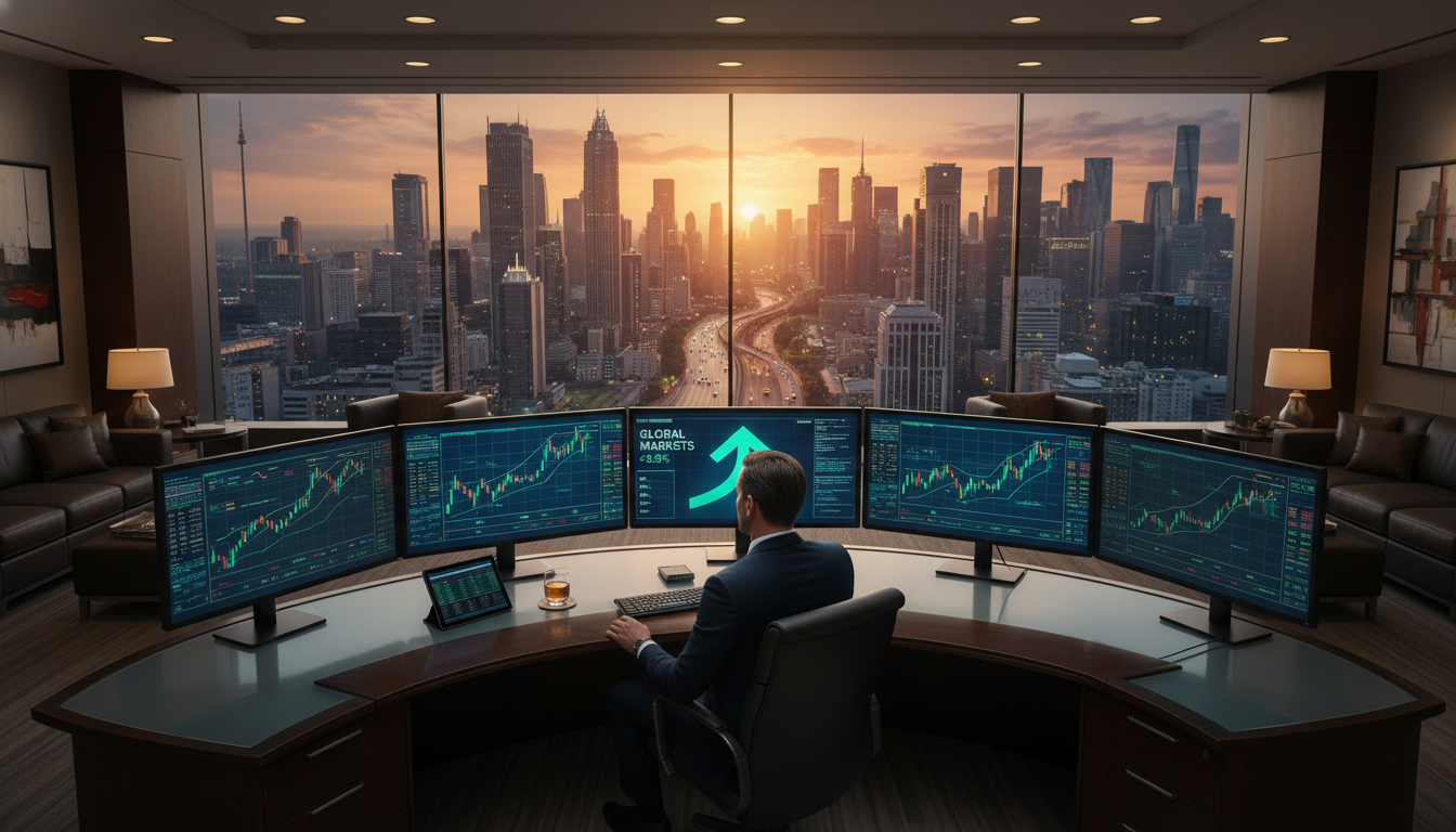 A high-end financial office overlooking a modern cityscape at sunset, with a professional trader analyzing multi-screen data charts showing upward market trends, shot in a cinematic, photorealistic style.