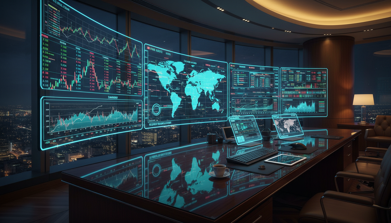 A high-tech financial command center with multiple glowing monitors displaying real-time global market data, intricate line graphs, and world maps, reflected in a polished mahogany desk in a luxury skyscraper office, photorealistic, 8k resolution.