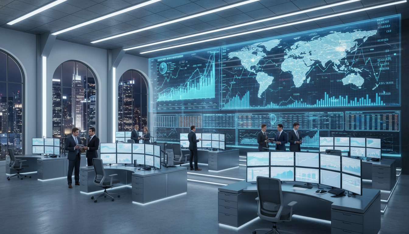 A wide-angle, photorealistic shot of a modern, high-tech financial trading floor with glowing digital charts and global maps displayed on large glass screens, professional traders in suits discussing complex data in a sleek corporate environment