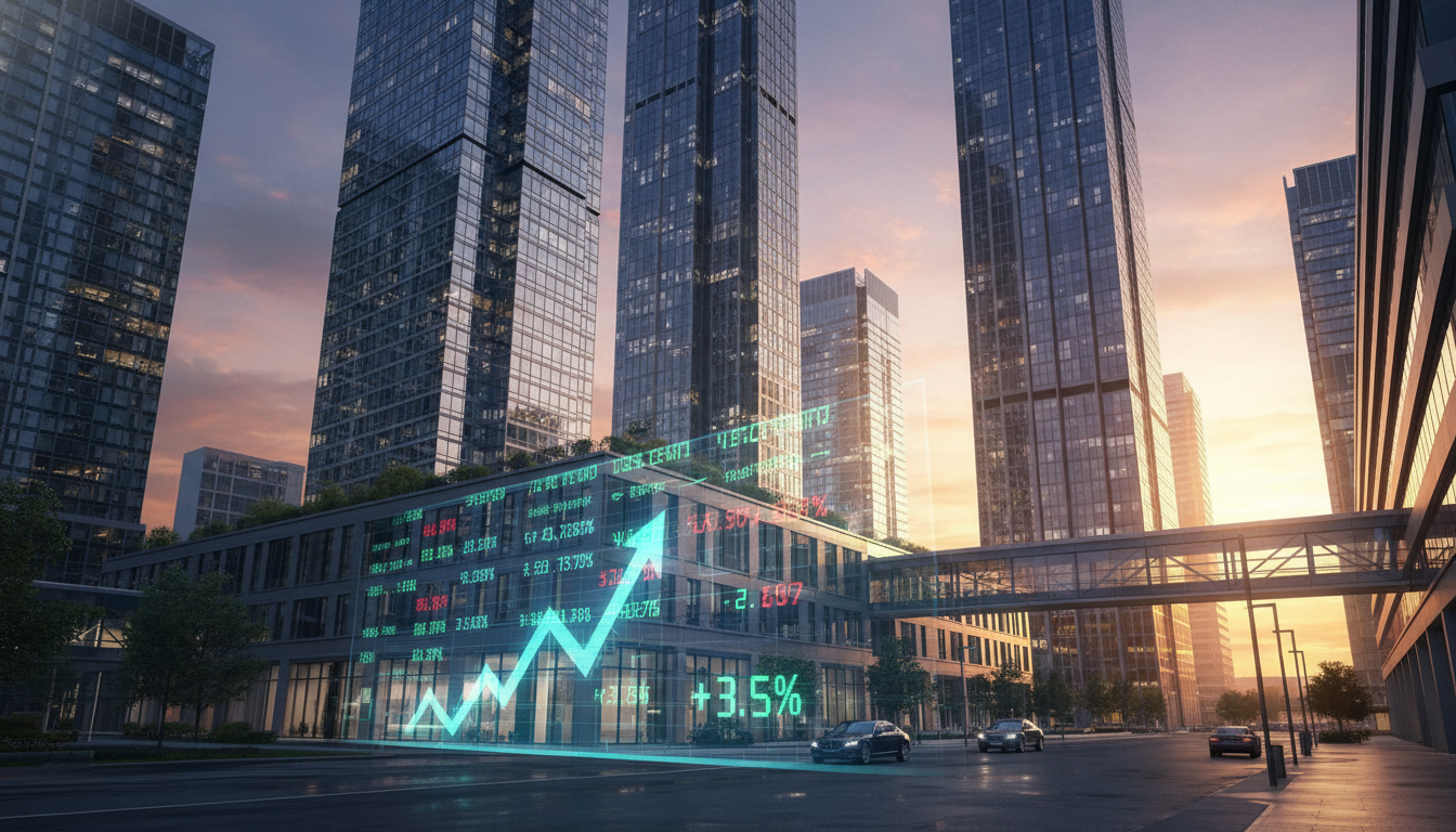A wide-angle, photorealistic shot of a modern financial district at sunset, featuring sleek glass skyscrapers reflecting a digital stock market display in the foreground, high-end corporate aesthetic.