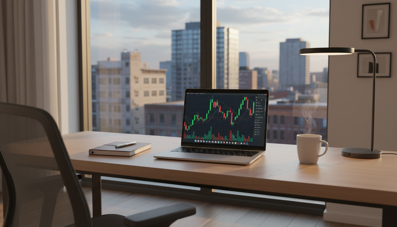 A sophisticated, modern workspace featuring a clean desk with a high-end laptop showing rising stock market candle charts, a leather-bound notebook, and a cup of coffee, set against a backdrop of a bright city skyline through a large window, photorealistic style, 8k resolution, cinematic lighting