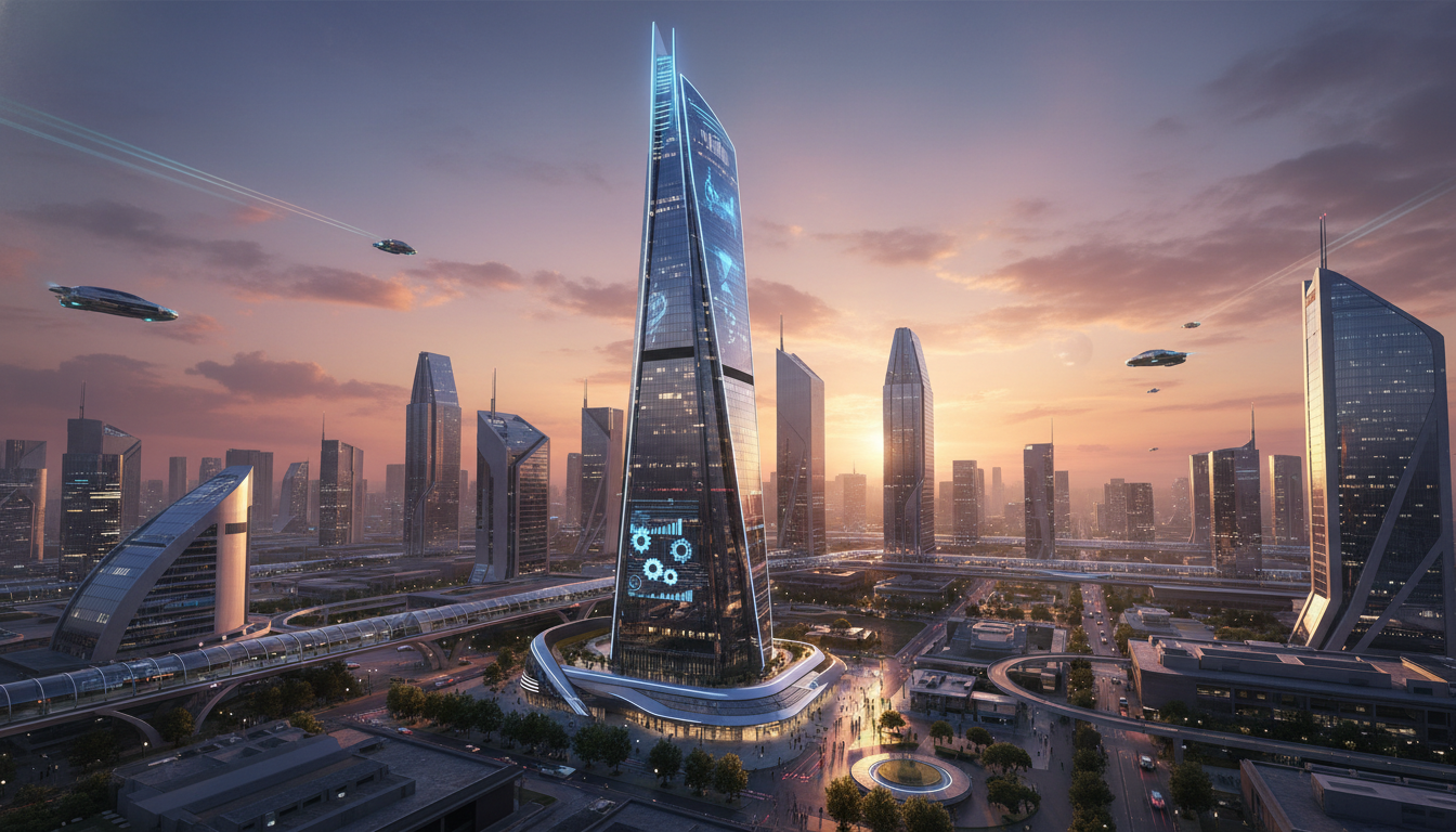 A wide-angle shot of a sleek, modern corporate skyscraper in a futuristic city center during sunset, reflecting high-tech architecture and economic prosperity, ultra-realistic, 8k resolution.