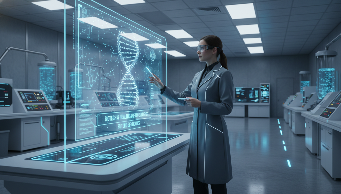 A high-tech laboratory setting with a scientist examining a digital double helix DNA strand on a transparent glass screen, representing the future of biotechnology and healthcare investments, photorealistic, bright clinical lighting.
