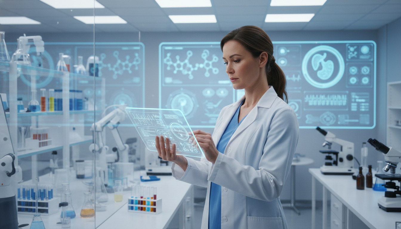 A professional medical researcher in a clean, modern laboratory using a high-tech tablet to review patient data, representing the intersection of healthcare and technology, highly detailed, soft studio lighting.