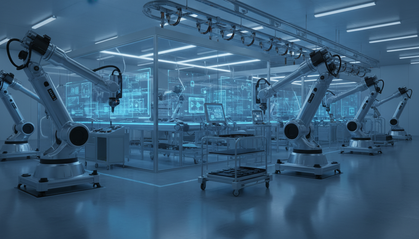 A futuristic automated manufacturing facility utilizing robotic arms and AI-driven systems to assemble advanced electronics, clean industrial aesthetic, soft blue lighting, highly detailed and realistic.