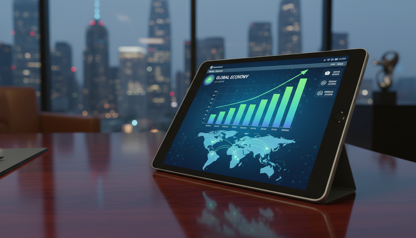 A professional close-up of a high-end tablet displaying complex 3D economic growth bar charts and world maps, resting on a polished mahogany desk in a corporate executive office with a blurry city skyline in the background