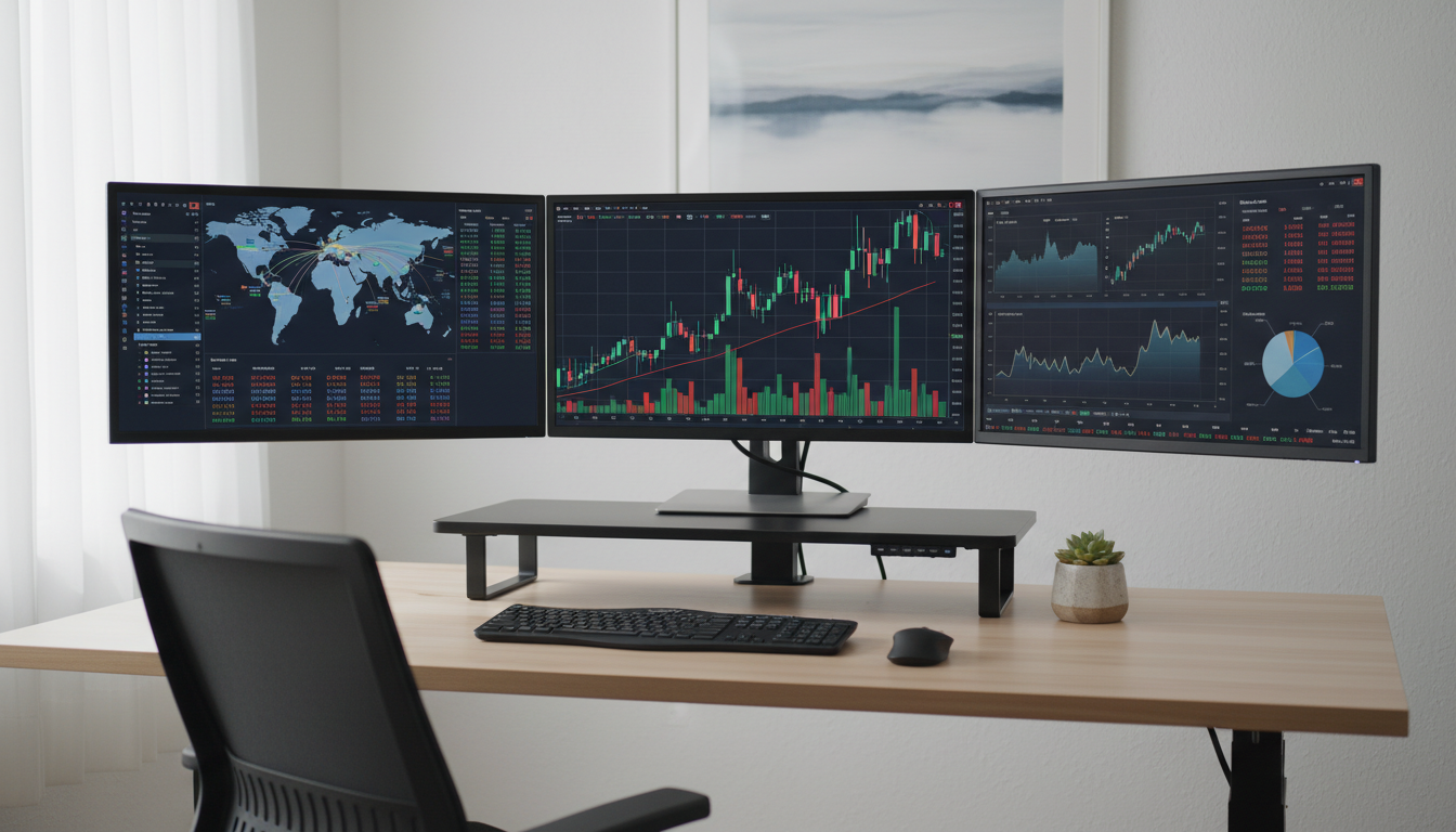 A professional, high-detail photograph of a clean, minimalist trader's workspace with multiple monitors displaying complex financial charts, green and red candlesticks, and global economic data maps, soft cinematic lighting.