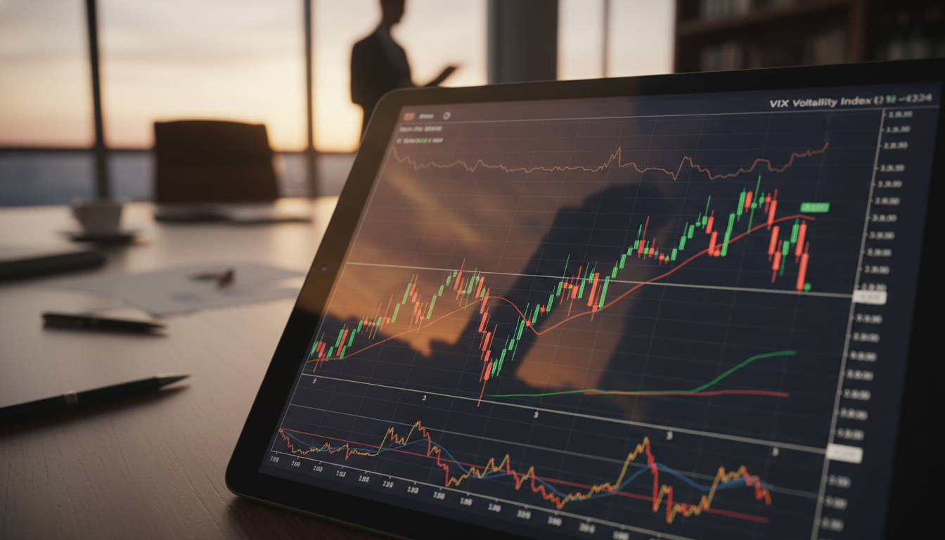 A high-detail, professional macro photograph of a tablet screen displaying a complex volatility index chart (VIX) with green and red indicators, set against the backdrop of a blurred executive office during a sunset, reflecting a mood of serious economic deliberation.